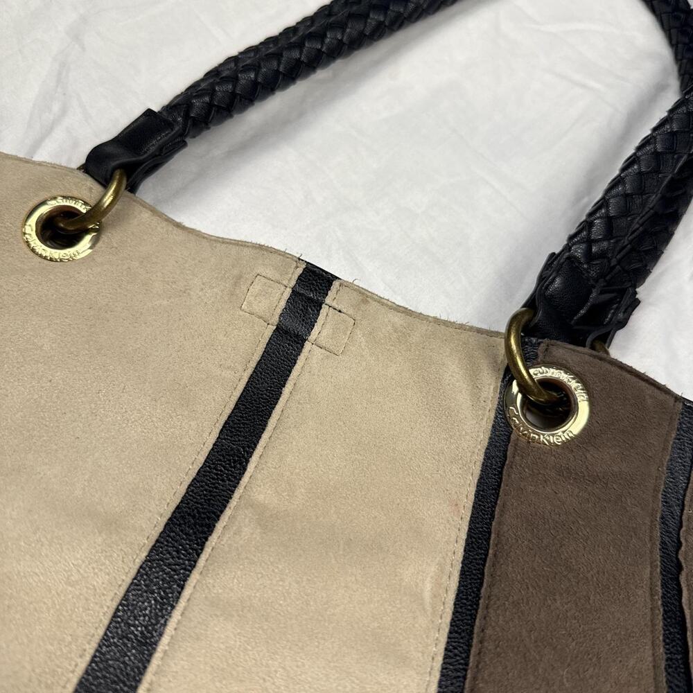 Tan brown geometric print leather tote bag work university class bag - Picture 6 of 8